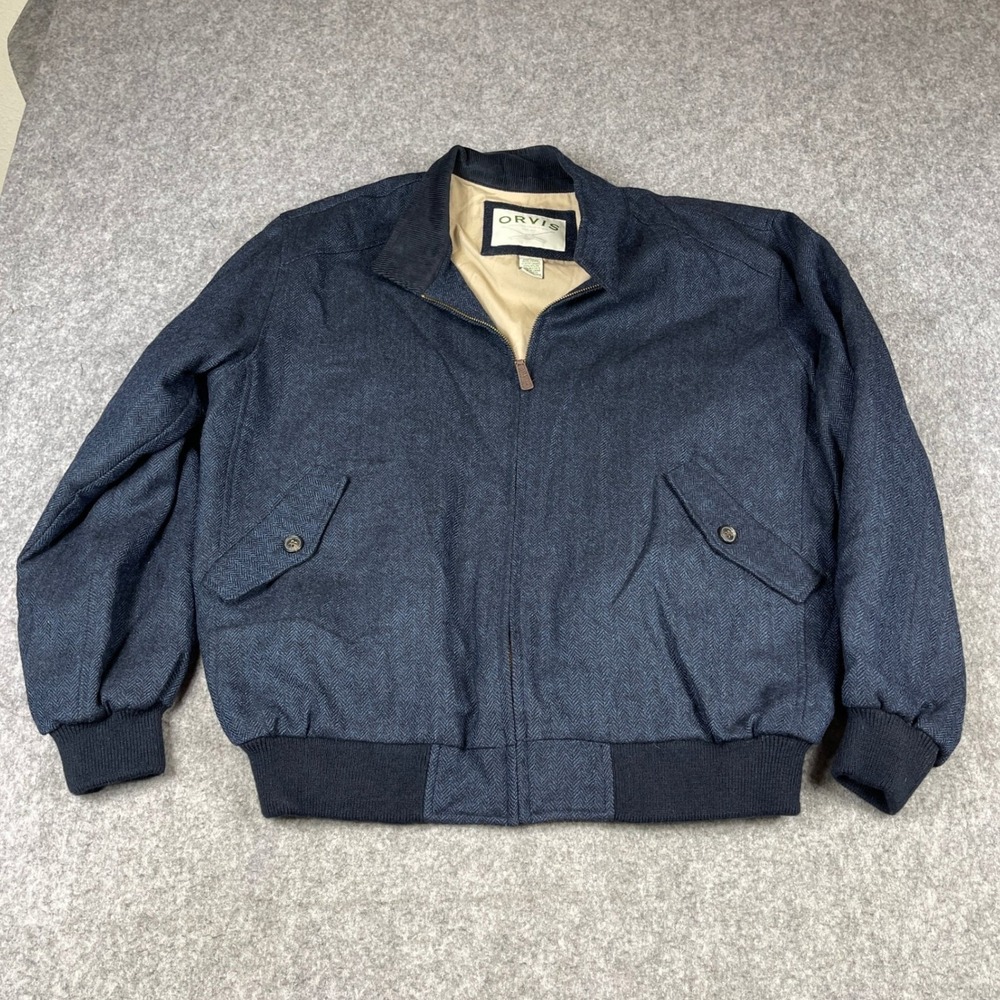 VTG Orvis Wool Herringbone Harrington Jacket Mens Large Blue Corduroy Trim